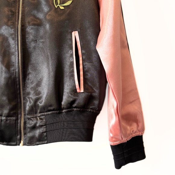 Forever 21 Embroidered Black & Pink Satin Bomber Jacket Size S - Picture 4 of 11
